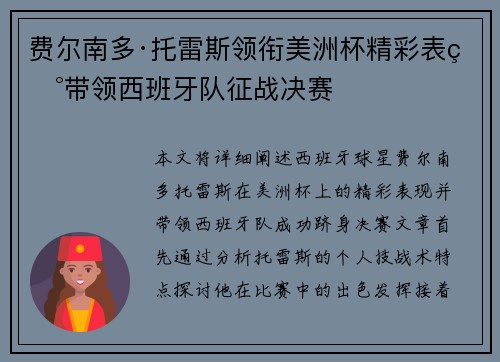 费尔南多·托雷斯领衔美洲杯精彩表现带领西班牙队征战决赛