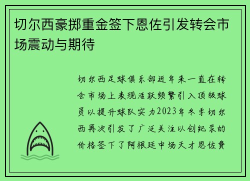 切尔西豪掷重金签下恩佐引发转会市场震动与期待