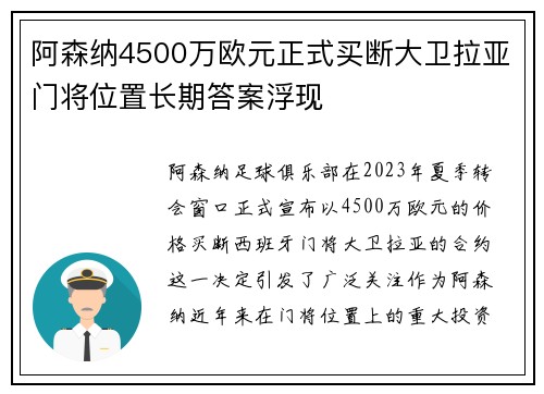 阿森纳4500万欧元正式买断大卫拉亚门将位置长期答案浮现